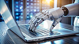 robot hand working on laptop to checking correct data by using
