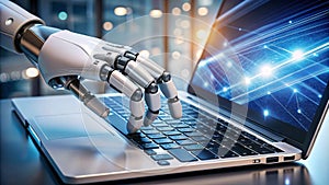 robot hand working on laptop to checking correct data by using