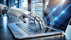 robot hand working on laptop to checking correct data by using