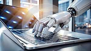 robot hand working on laptop to checking correct data by using