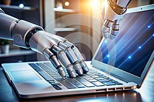 robot hand working on laptop to checking correct data by using