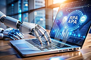 robot hand working on laptop to checking correct data by using
