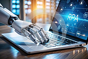 robot hand working on laptop to checking correct data by using