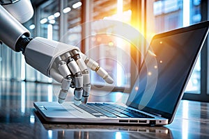 robot hand working on laptop to checking correct data by using