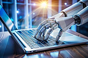 robot hand working on laptop to checking correct data by using