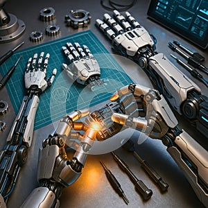 AI Engineer Assembling Robotic Hand Prototype in High-Tech Lab