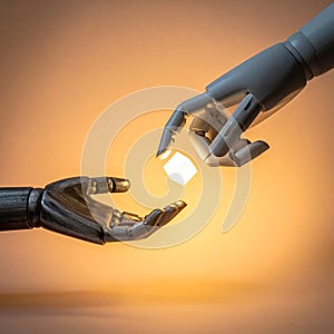 Robot Hands Exchanging a Glowing Data Cube