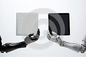 robot hands hold tablet pc on whitre