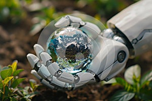 Robot hands holding Earth glass green background. Environmental care and global unity with future technology concept