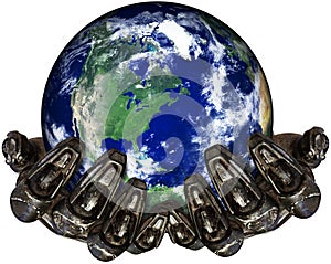 Robot Hands Holding Earth Isolated, Technology, Environment