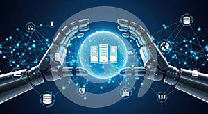 Robot hands holding server network and cloud computing technology concept for data management