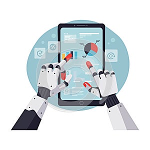 Robot hands interacting with tablet displaying charts and data visualization vector illustration