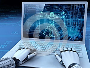 Robot hands, laptop with human image, evolution, blue background