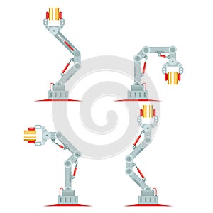 Robot hands mechanical arms assembly crane line isolated set vector illustration