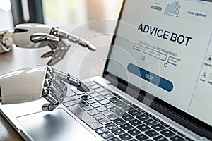 Robot hands pointing to AI chatbot button photo