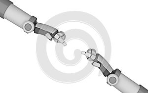 Robot hands pointing to each other isolated on white background