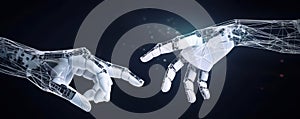 Robot hands reaching out, Artificial Intelligence network connection concept wallpaper. Generative AI