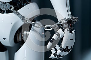 robot hands shackled in chains for the concept of constraints and regulation of artificial intelligence