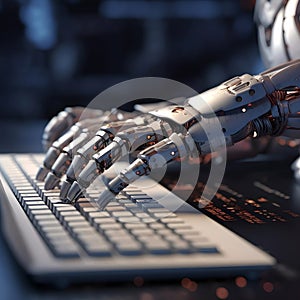Robot hands typing on a laptop keyboard