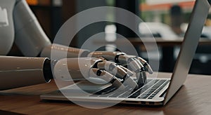 Robot Hands Typing on Laptop Keyboard for Artificial Intelligence Concept