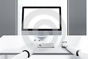 Robot hands typing, mock up computer screen