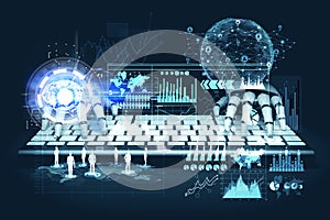 Robot hands typing, network, map, HUD