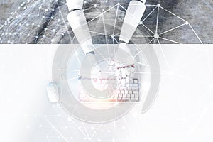 Robot hands typing, white table, internet