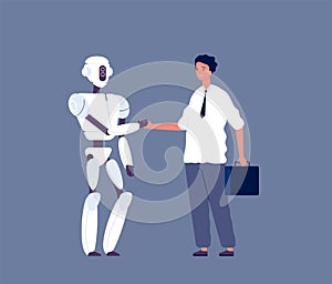 Robot handshaking. Businessman meeting with futuristic android character human vs cyborgs concept vector illustration