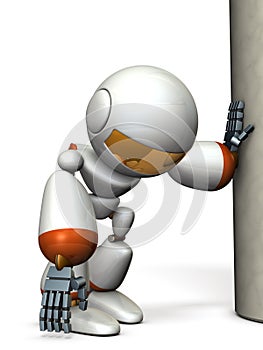 A robot that is hanging on a pillar. He is exhausted.