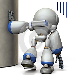 A robot that is hanging on a pillar. He is exhausted.