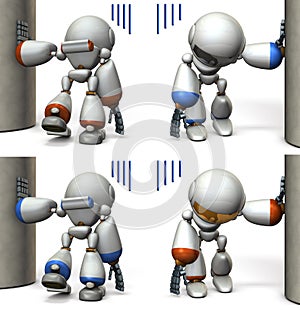 A robot that is hanging on a pillar.