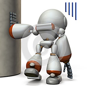 A robot that is hanging on a pillar. He is exhausted.
