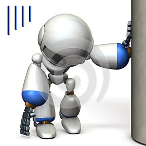 A robot that is hanging on a pillar. He is exhausted.