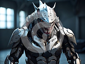 a robot has a shark head Fury of the Cyborg Shark A Futuristic Warrior Unleashed