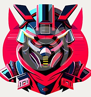 robot head with colorful eyes and red stripes