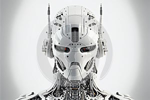 Robot head on empty white background. Ai Generative image.
