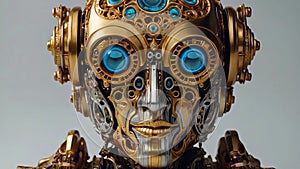 A robot head with gold and blue eyes