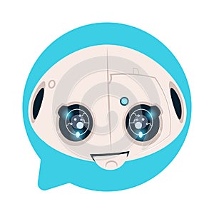 Robot Head Icon In Blue Speech Bubble Support Chat Bot Concept
