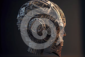A robot head model with a human brain on it ,3D rendering