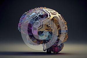 A robot head model with a human brain on it ,3D rendering
