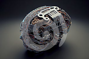 A robot head model with a human brain on it ,3D rendering