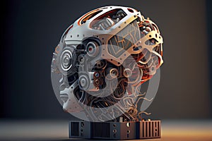 A robot head model with a human brain on it ,3D rendering