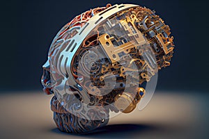 A robot head model with a human brain on it ,3D rendering