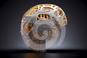 A robot head model with a human brain on it ,3D rendering