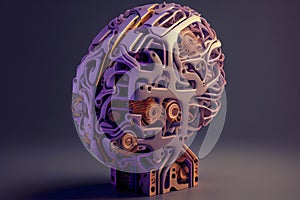 A robot head model with a human brain on it ,3D rendering
