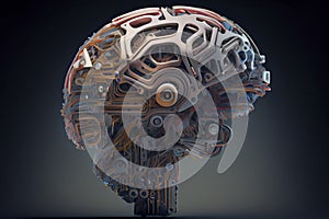 A robot head model with a human brain on it ,3D rendering