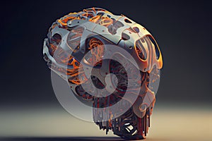 A robot head model with a human brain on it ,3D rendering
