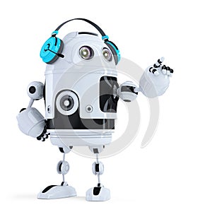 Robot with headphones pointingat invisible object. Isolated. Contains clipping path