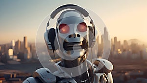 Robot with Headphones in Sunset City