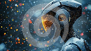 Robot with helmet illuminated by light in a futuristic setting showcasing advanced technology and design